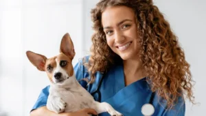 Estudante de veterinária posa com cachorro