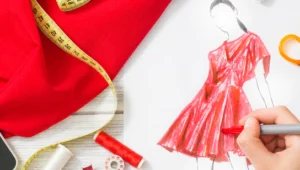 A imagem mostra uma mão desenhando um croqui de moda, destacando um vestido vermelho. Ao redor, há diversos itens relacionados à costura e design, como um tecido vermelho, uma fita métrica amarela, uma tesoura laranja, carretéis de linha, lápis e uma paleta de cores. Também é visível um tablet com uma tabela de cores, sugerindo o uso de tecnologia no processo criativo.